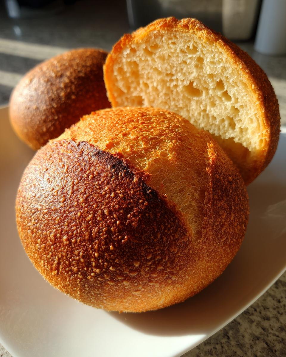 Close-up of three golden-brown, crusty homemade bread bowls, one sliced open showing the airy interior.