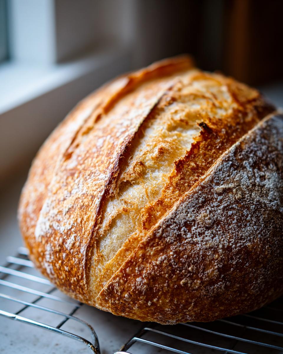 Close-up of a beautifully baked, rustic loaf of Italian bread cooling on a wire rack.