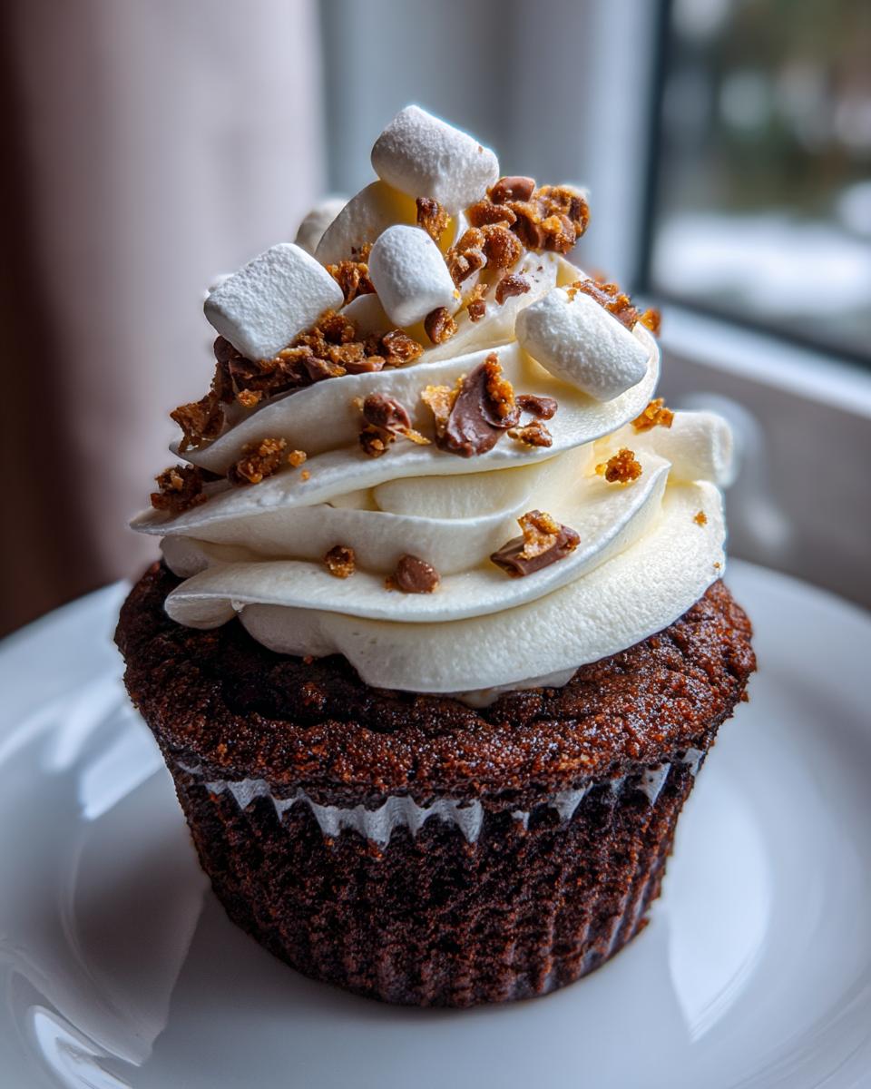 A close-up of a rich, dark chocolate hot chocolate cupcake topped with white frosting, mini marshmallows, and chocolate crumbles.