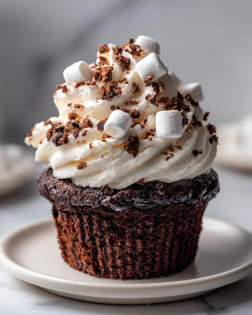 Close-up of a rich, dark chocolate hot chocolate cupcake topped with whipped cream, mini marshmallows, and chocolate crumbles.
