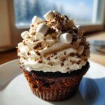 A close-up of a rich, dark hot chocolate cupcake topped with whipped cream, mini marshmallows, and chocolate crumbles.