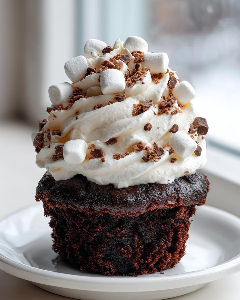 A rich, dark chocolate hot chocolate cupcake topped with white frosting, mini marshmallows, and chocolate shavings.