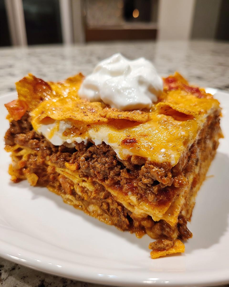 A hearty slice of Dorito Casserole showing layers of seasoned ground beef, cheese, and chips, topped with sour cream.