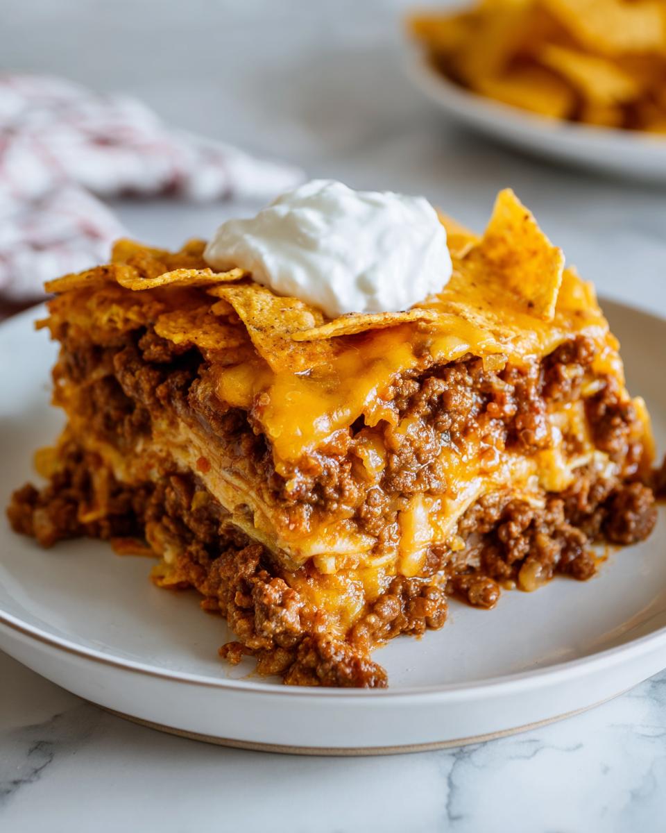 A delicious, layered slice of Dorito Casserole topped with melted cheese, crushed chips, and a dollop of sour cream.