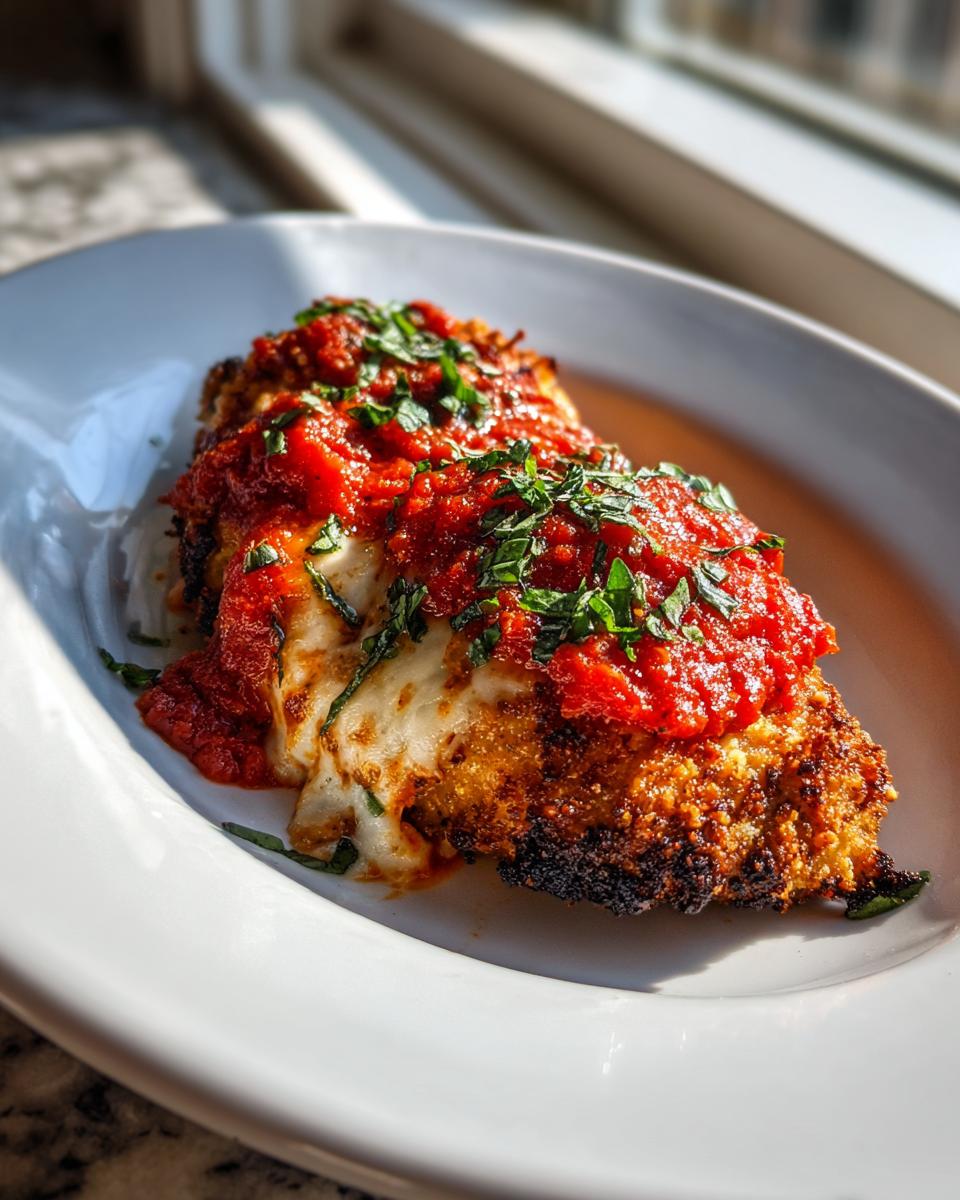 Two pieces of golden-brown Easy Chicken Parmesan topped with melted mozzarella, bright red marinara sauce, and fresh parsley.