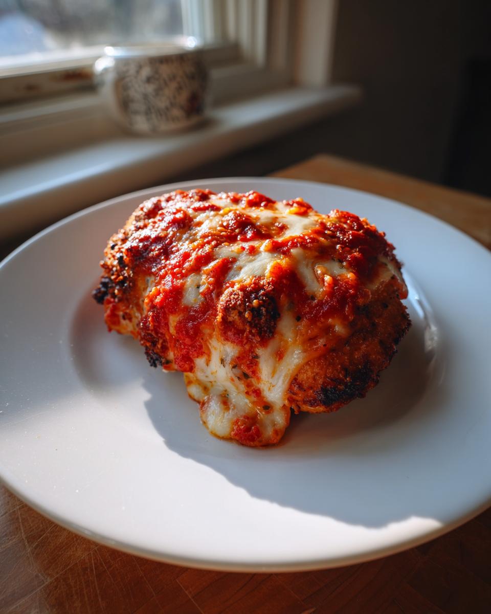A single serving of Easy Chicken Parmesan topped with melted mozzarella and rich tomato sauce on a white plate.