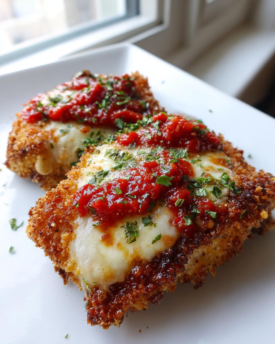Two pieces of crispy, golden Easy Chicken Parmesan topped with melted mozzarella, marinara sauce, and fresh parsley.