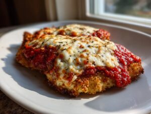 Two pieces of crispy, breaded Easy Chicken Parmesan topped with bright red marinara sauce and melted, bubbly mozzarella cheese.