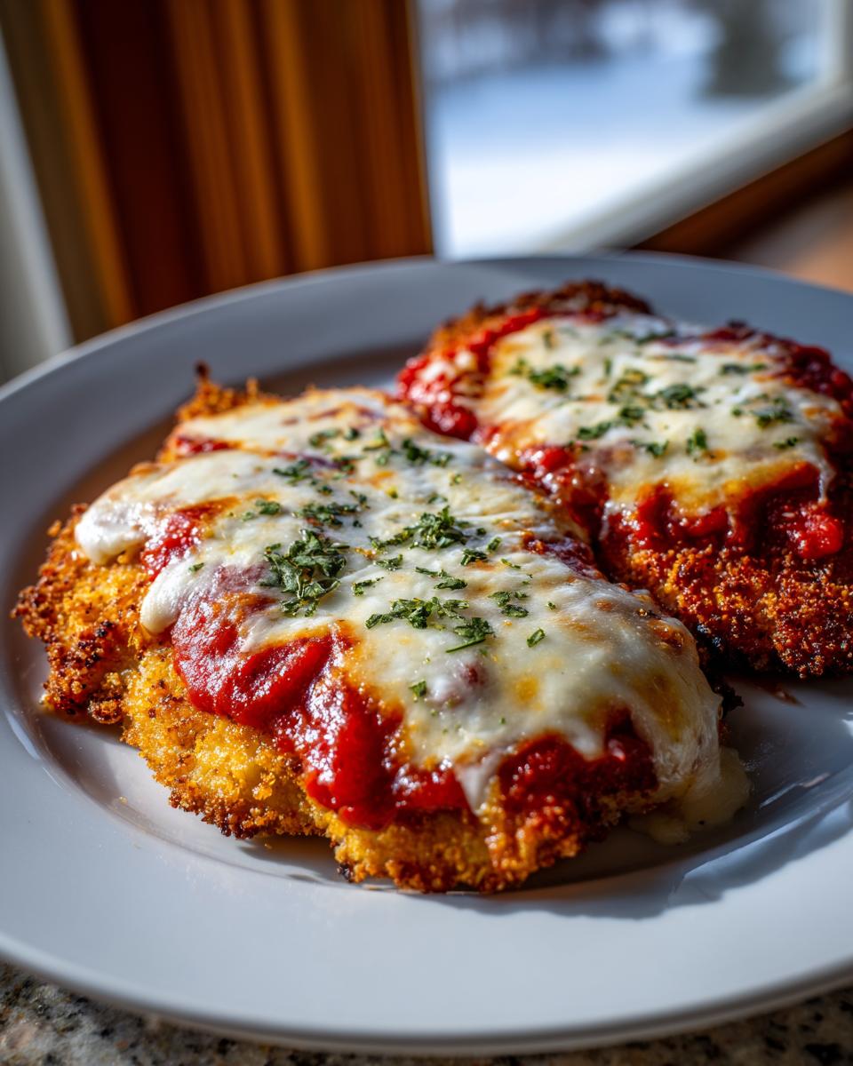 Two golden-brown breaded cutlets topped with marinara sauce and melted mozzarella cheese for Easy Chicken Parmesan.