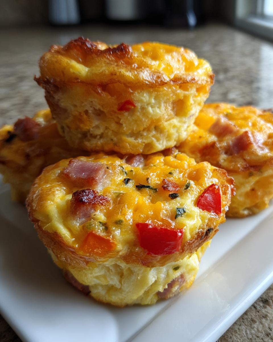 A stack of golden brown Egg Muffin Cups filled with ham, cheese, and red peppers on a white plate.