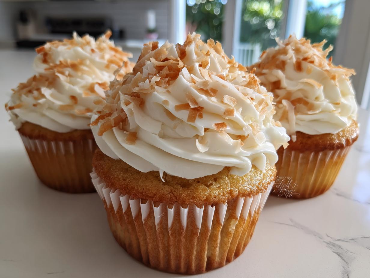 Three delicious coconut cupcakes topped with thick white frosting and toasted coconut flakes.