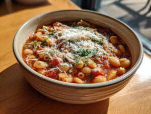 A close-up of a rustic bowl filled with rich tomato-based pasta fagioli, topped with grated Parmesan cheese and fresh parsley.