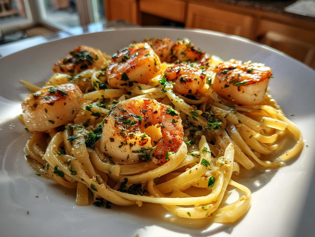 Close-up of perfectly seared scallops and shrimp atop linguine in a light sauce, making an amazing seafood pasta dish.