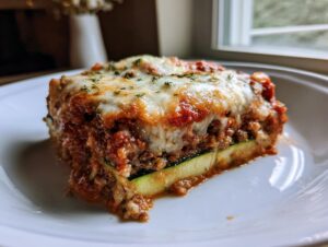 A close-up of a hearty slice of zucchini lasagna with layers of meat sauce, cheese, and zucchini noodles.