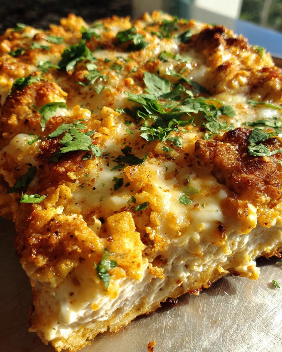 A thick slice of baked fiesta lime chicken casserole showing a creamy white base, topped with crunchy seasoned chicken pieces and melted cheese, garnished with parsley.
