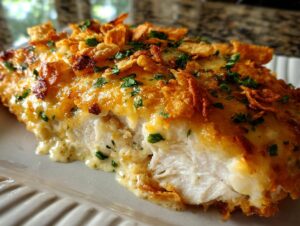 A cross-section view of a baked fiesta lime chicken piece, topped with melted cheese and crunchy cornflakes.