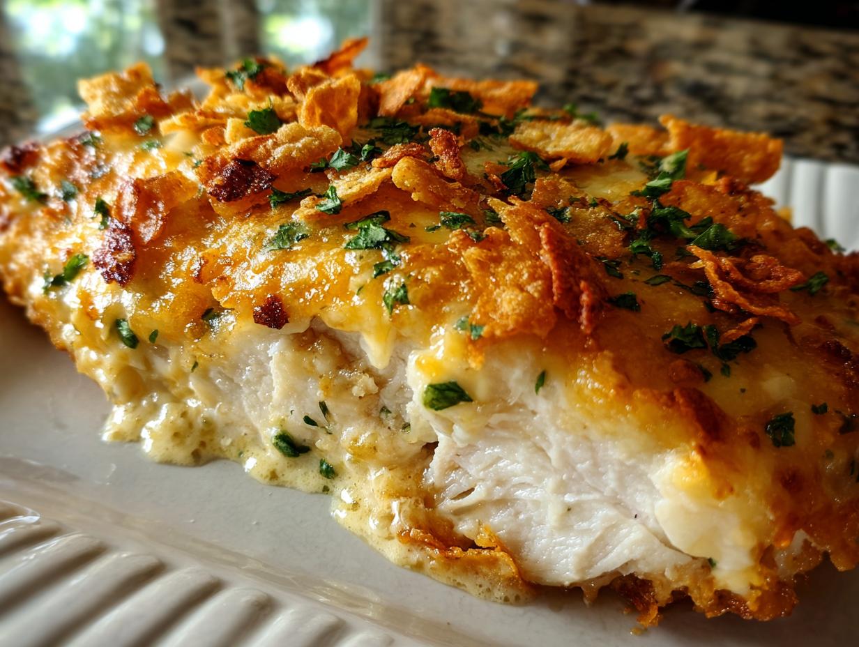 A cross-section view of a baked fiesta lime chicken piece, topped with melted cheese and crunchy cornflakes.