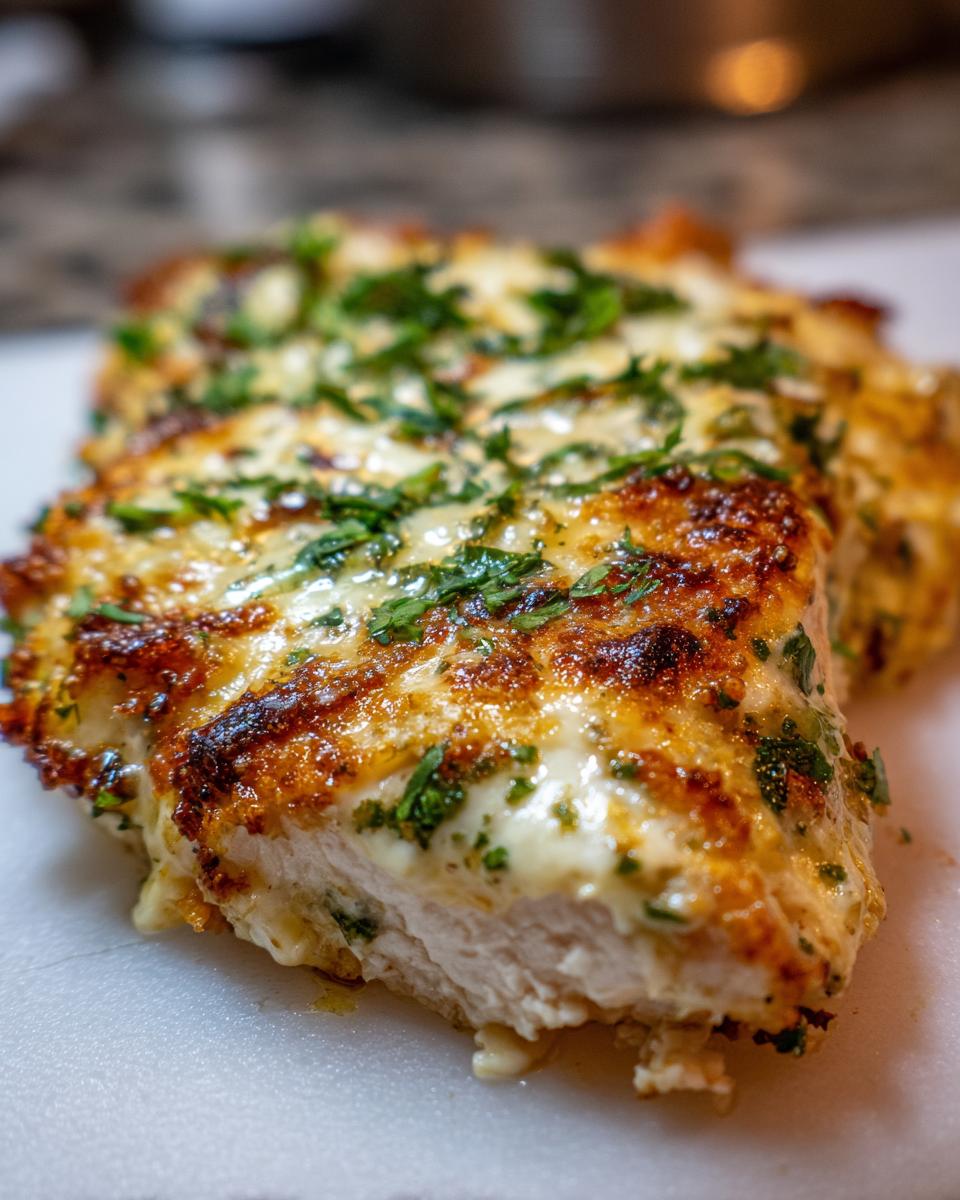 Close-up of a juicy, baked fiesta lime chicken breast topped with melted, browned cheese and fresh parsley.