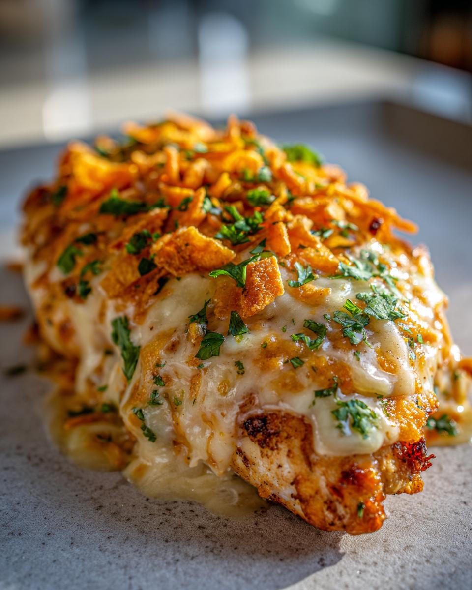 Close-up of a juicy fiesta lime chicken breast covered in melted white cheese and crunchy orange topping.