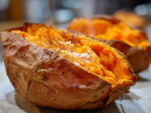 Close-up of a fluffy baked sweet potato, split open and topped with coarse salt.