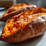 Close-up of a perfectly baked sweet potato split open, showing fluffy orange flesh topped with salt and paprika.