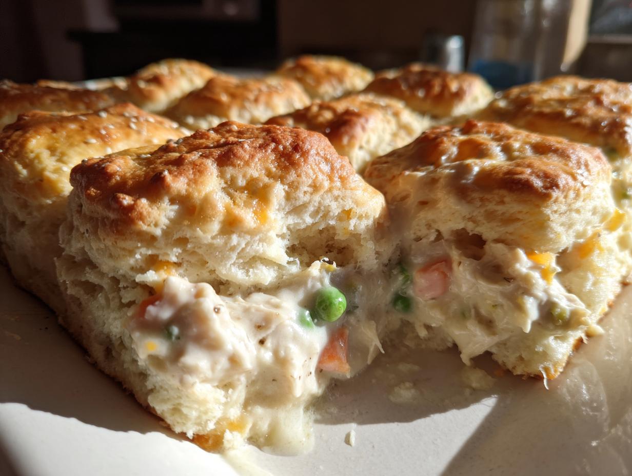 A close-up showing a section of the amazing 35-minute chicken pot casserole, revealing creamy filling oozing from between golden biscuits.