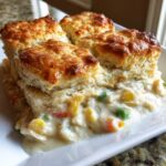 A serving of creamy chicken pot casserole topped with four golden brown, fluffy biscuits.
