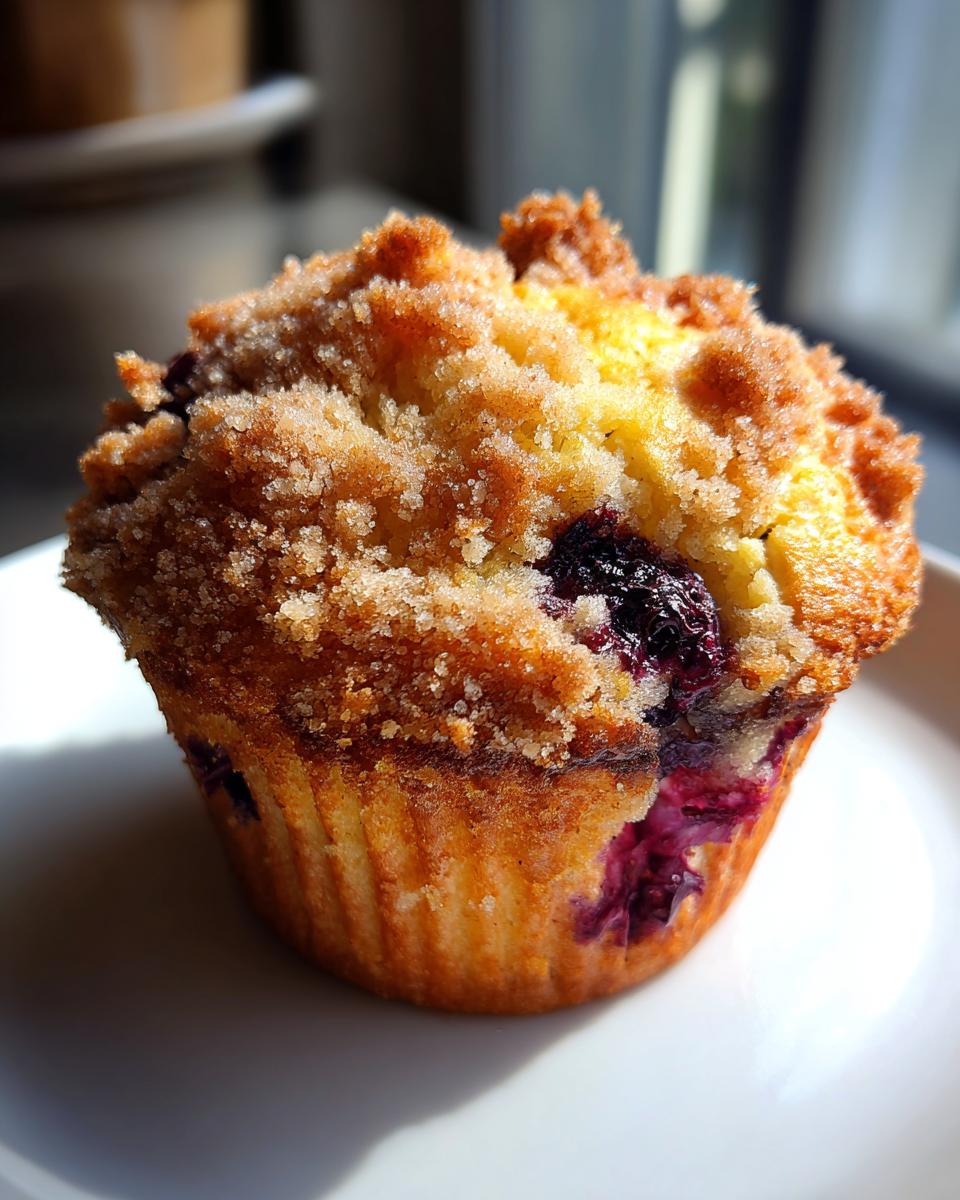 Close-up of a perfectly baked blueberry muffin with a golden-brown crumb topping.
