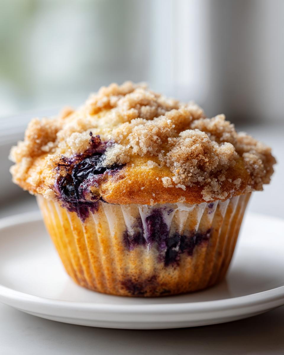 A close-up of a perfectly baked blueberry muffin topped with a generous, sugary crumb topping, sitting on a white plate.