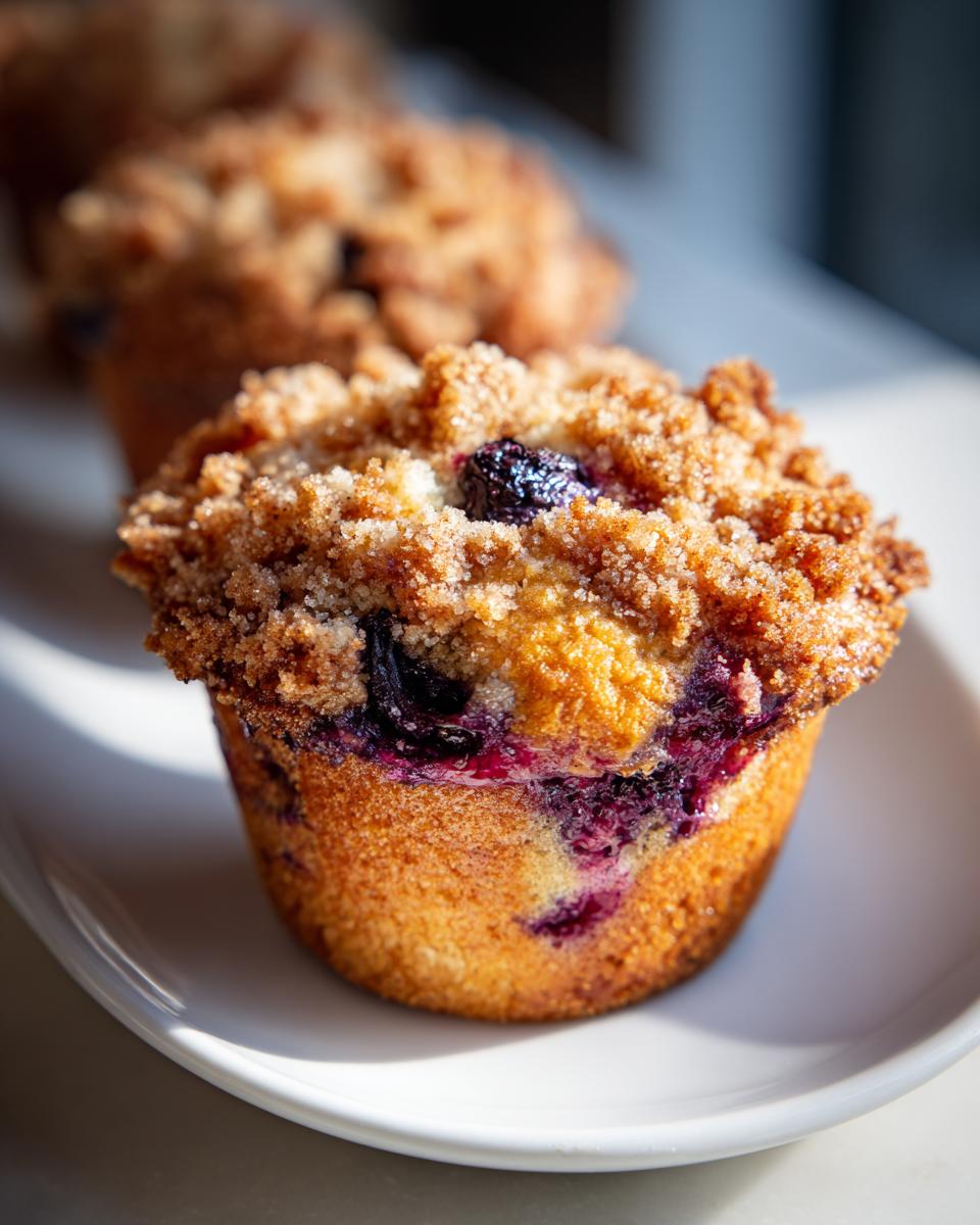Close-up of a fluffy blueberry muffin topped with a sugary crumb topping, showing burst blueberries.