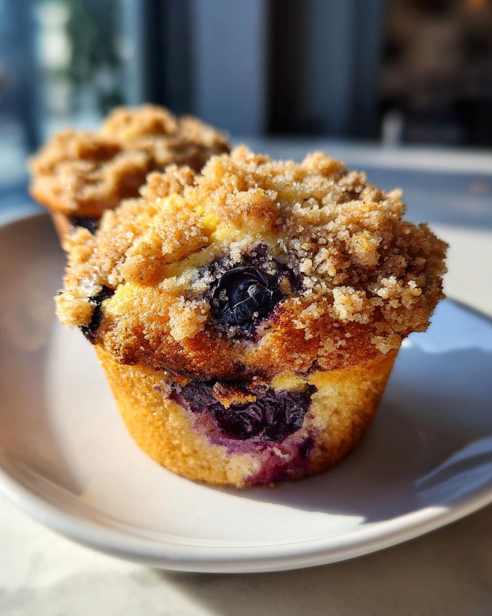 Close-up of a fluffy blueberry muffin topped with a generous brown sugar streusel, featuring visible baked blueberries.