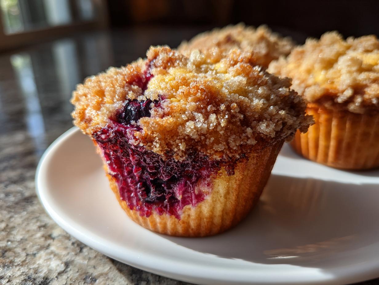 Close-up of a moist blueberry muffin with a rich purple interior and a sugary, golden streusel topping.