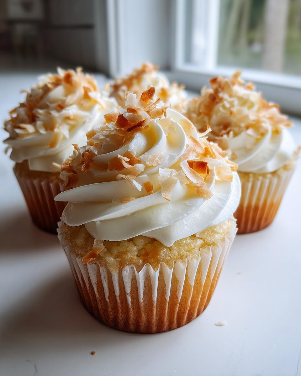 A close-up of several delicious coconut cupcakes topped with white frosting and toasted coconut flakes.