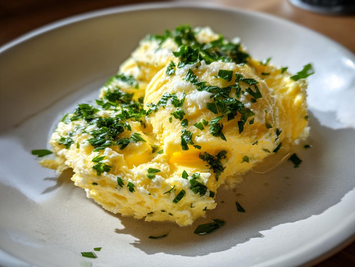 Close-up of fluffy scrambled eggs topped with melted garlic butter and fresh chopped parsley on a white plate.