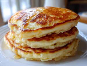 A close-up of three tall, fluffy pancakes stacked on a white plate, generously drizzled with golden syrup.