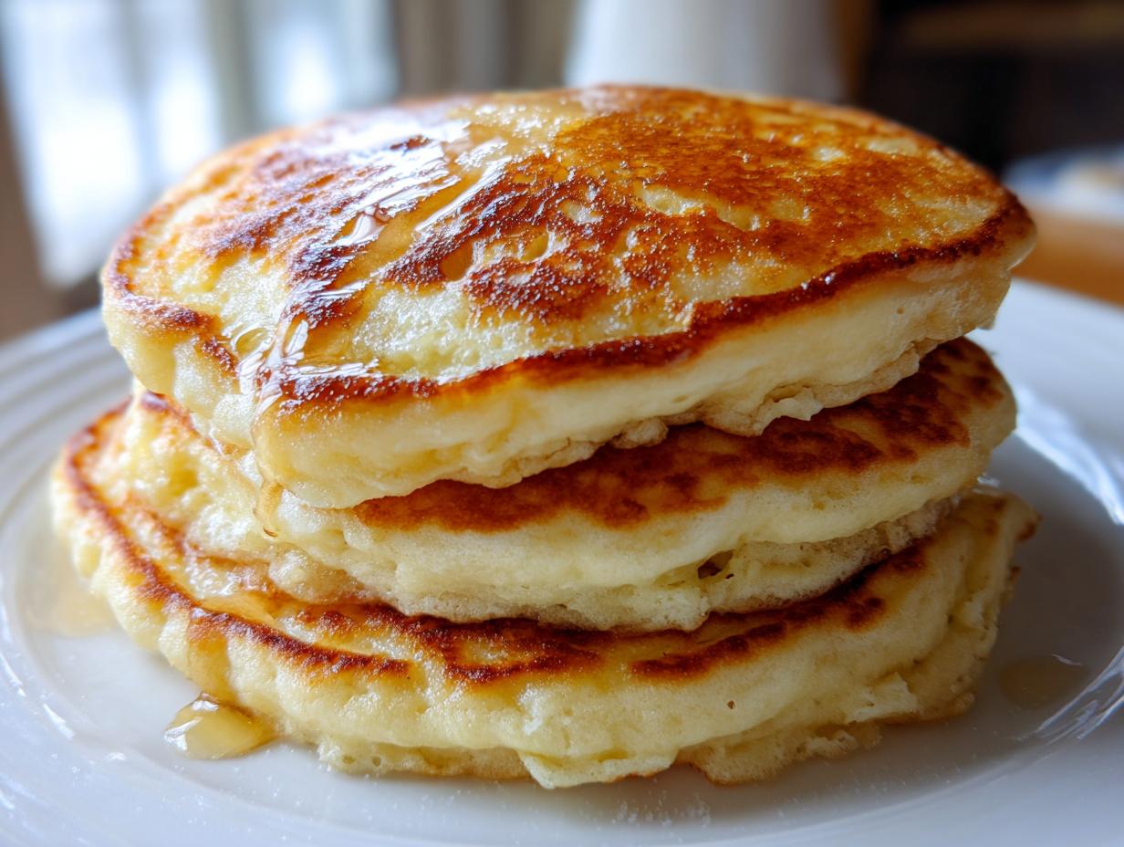 A close-up of three tall, fluffy pancakes stacked on a white plate, generously drizzled with golden syrup.