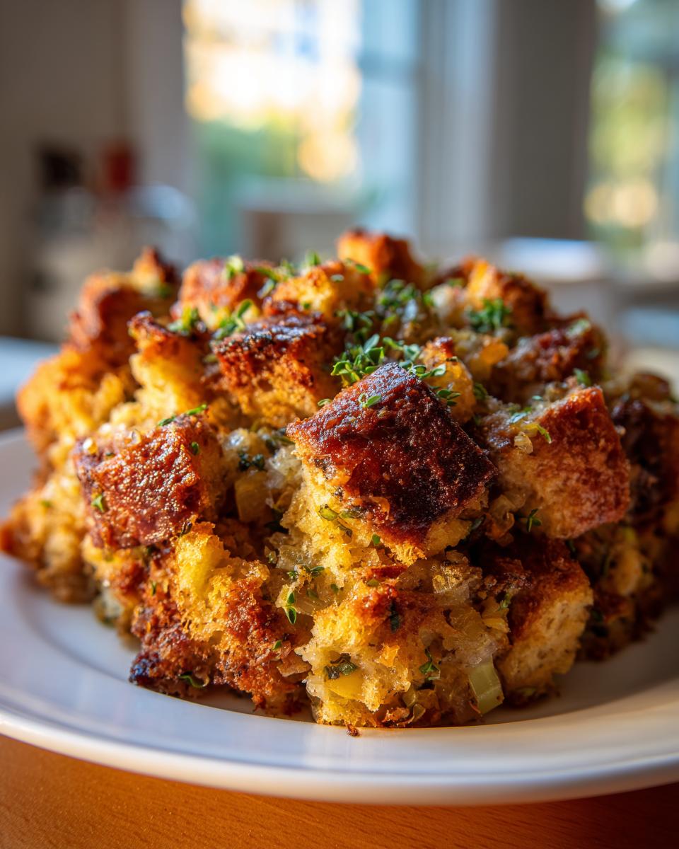 Close-up of fluffy sausage stuffing piled high on a white plate, featuring crispy, golden-brown bread cubes and fresh herbs.