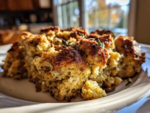 Close-up of fluffy sausage stuffing with a golden-brown, crispy top, garnished with rosemary.
