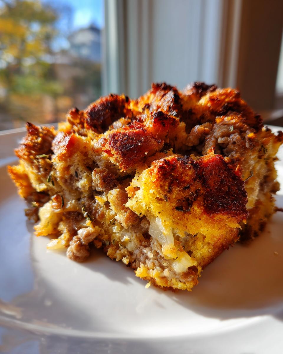 A close-up of a serving of fluffy sausage stuffing with a deeply browned, crispy top, sitting on a white plate.