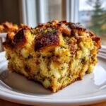 Close-up of a perfectly baked slice of fluffy sausage stuffing, showing crispy top and moist interior.