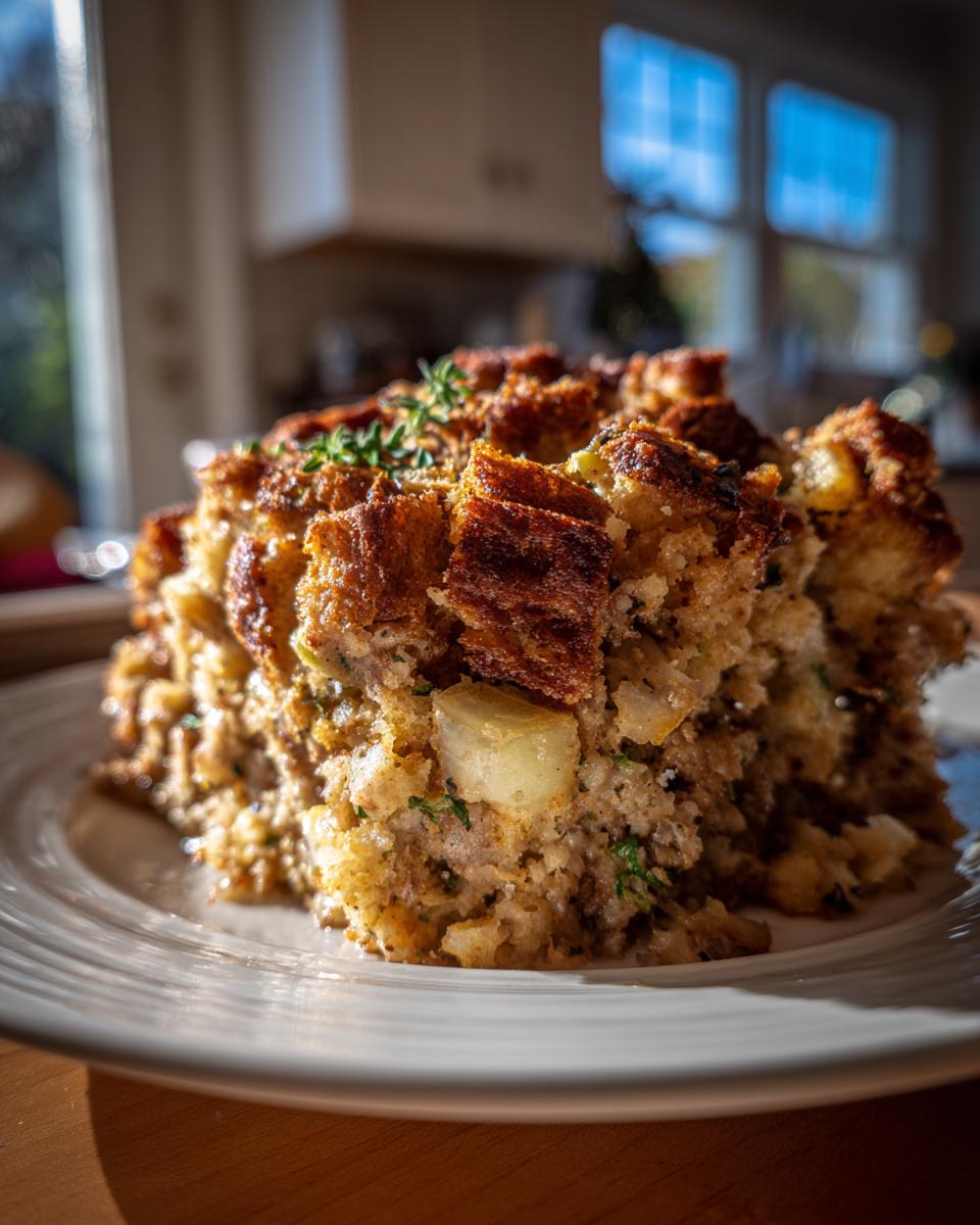 A close-up of a fluffy slice of sausage stuffing, featuring a crispy, browned top and garnished with fresh thyme.