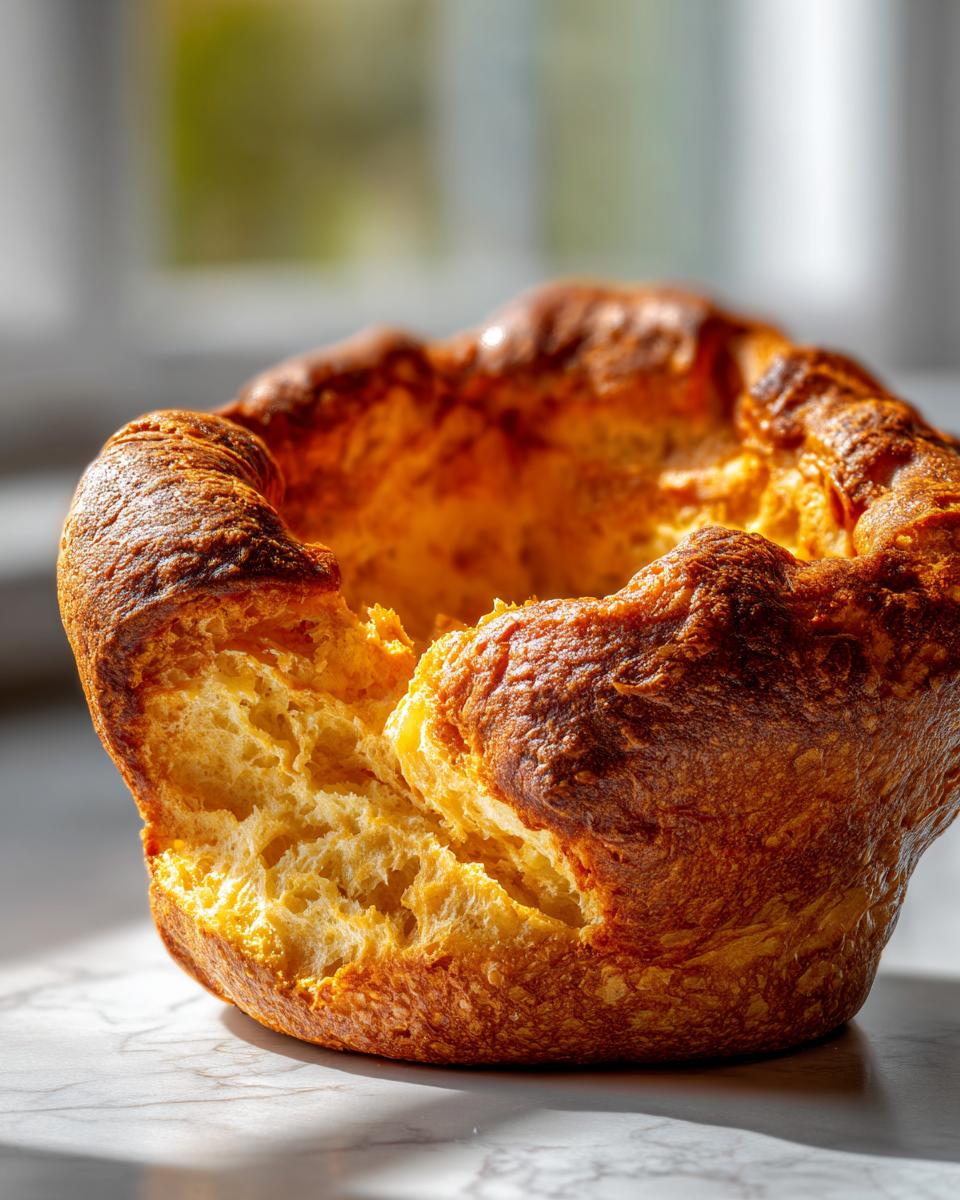 A close-up of a single, dramatically risen yorkshire pudding with a golden-brown, crispy exterior and a soft, airy interior.