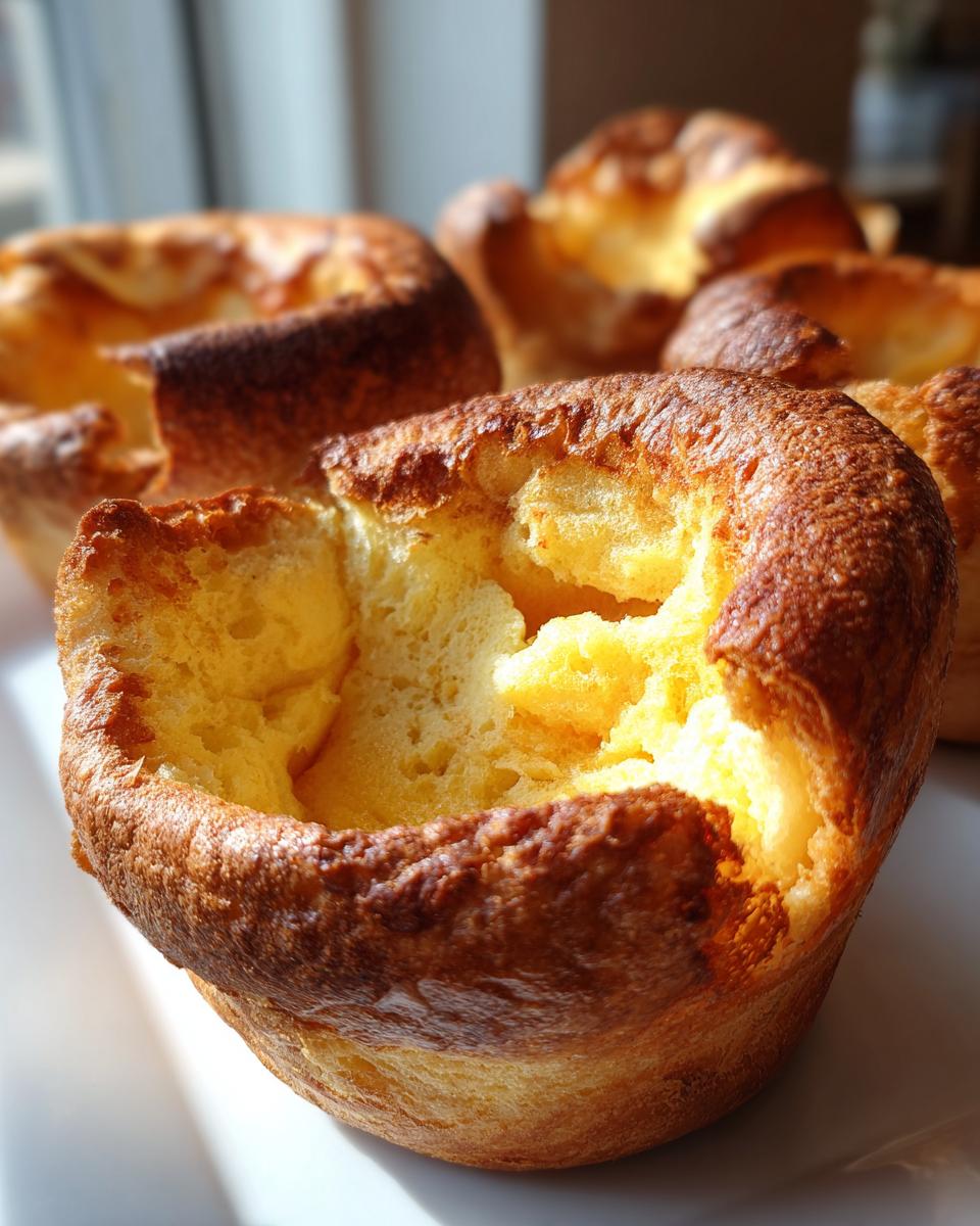 Close-up of a beautifully risen yorkshire pudding showing its deep golden-brown crust and airy interior.