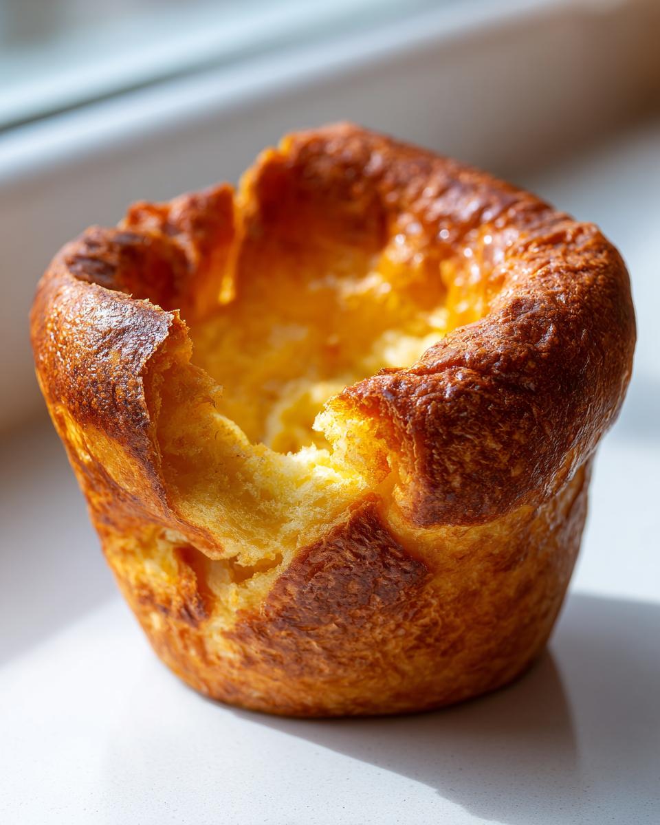 A close-up of a single, golden-brown, perfectly risen yorkshire pudding with a deep well in the center.