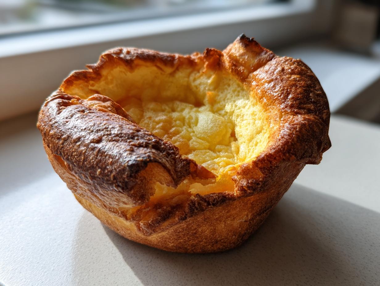 A single, perfectly risen, golden-brown yorkshire pudding with a deep well, sitting on a light surface.