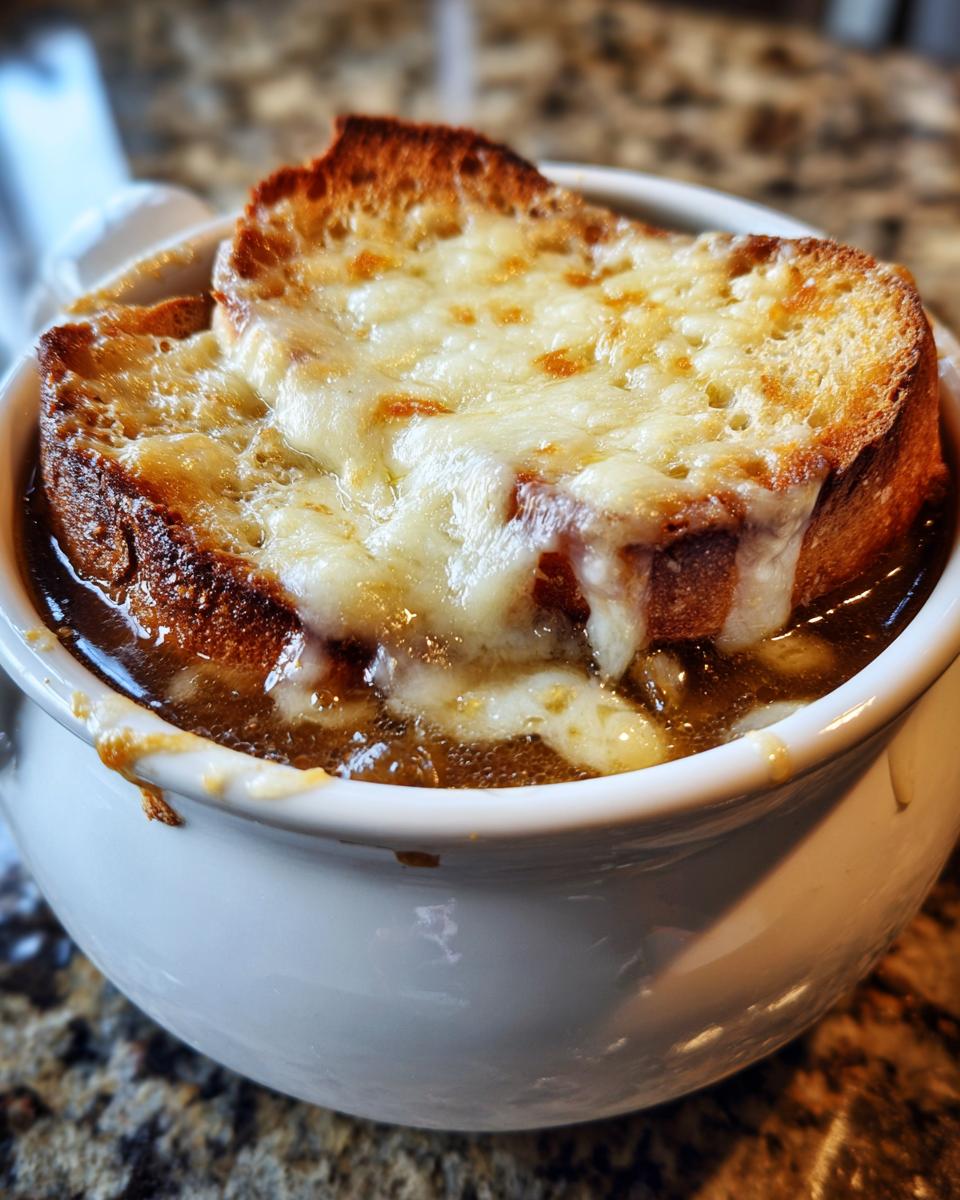Close-up of a bowl of rich french onion soup topped with a thick, toasted crouton covered in melted, bubbly Gruyère cheese.