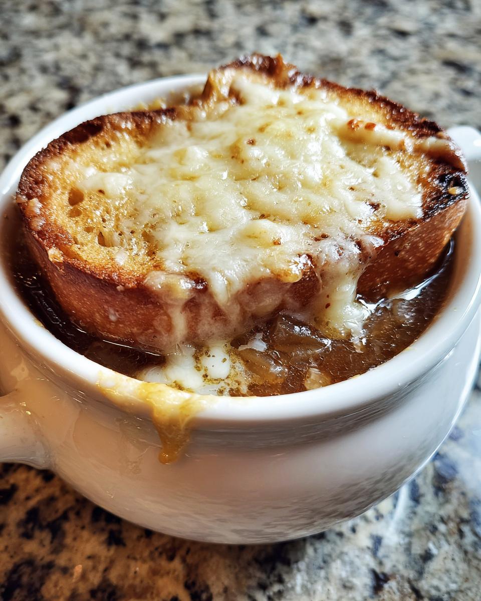 Close-up of a serving of french onion soup topped with a thick, melted cheese crust on toasted bread.
