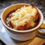 Close-up of a crock of rich french onion soup topped with a toasted crouton covered in melted, bubbly Gruyère cheese.