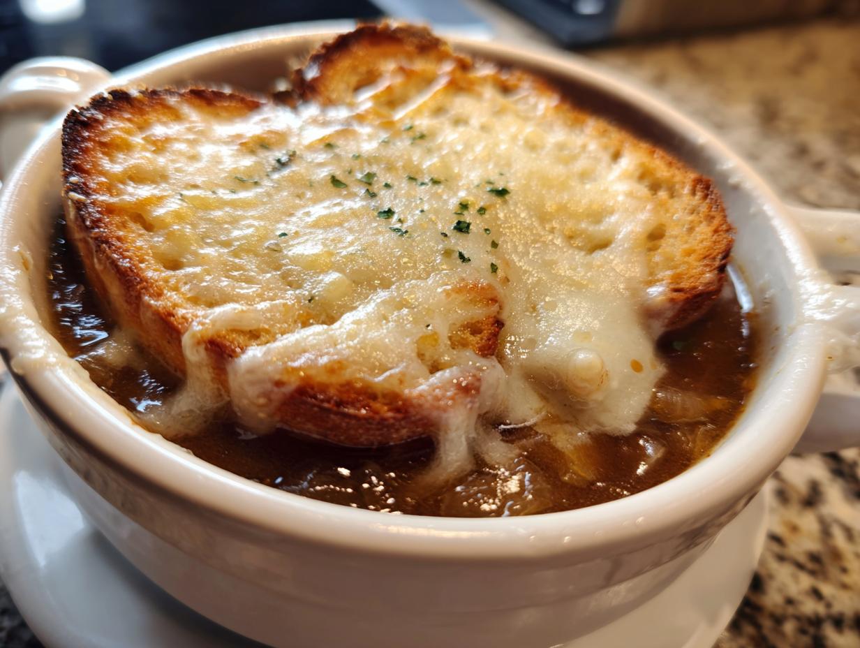 Close-up of a piping hot bowl of french onion soup topped with a thick slice of toasted bread and melted, bubbly cheese.