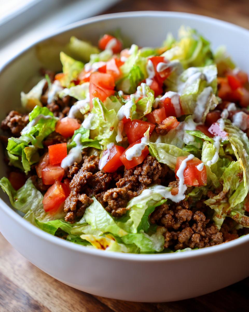 A close-up view of a fresh taco salad featuring seasoned ground beef, crisp lettuce, diced tomatoes, and a drizzle of white dressing.